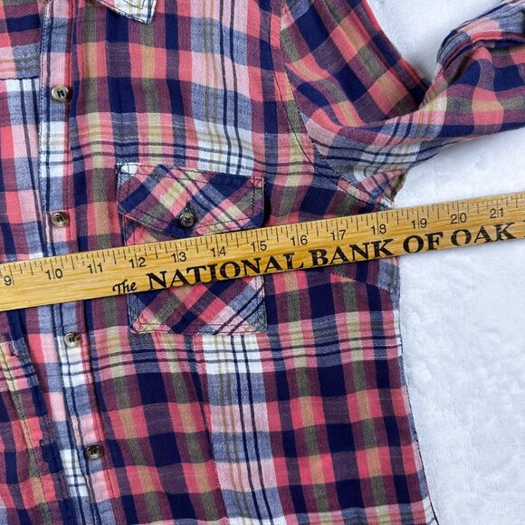 Forever 21 Womens Plaid Button-Up Shirt Sz M Coral & Navy Casual Western Top - Picture 4 of 9